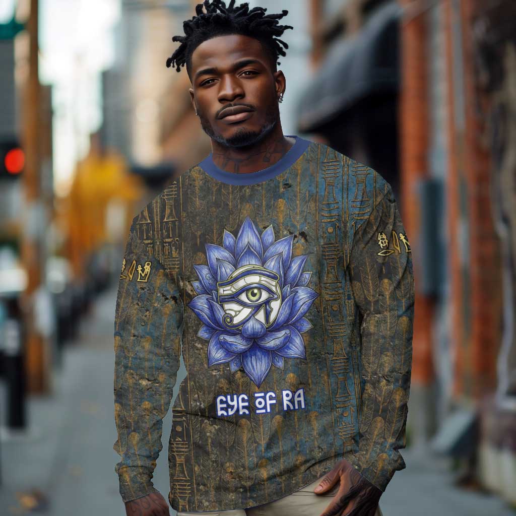 Khepri Ancient Egyptian Long Sleeve Shirt Dark Hieroglyphic, Blue Lotus Eye Symbol, and Winged Scarab Resurrection - African Pride