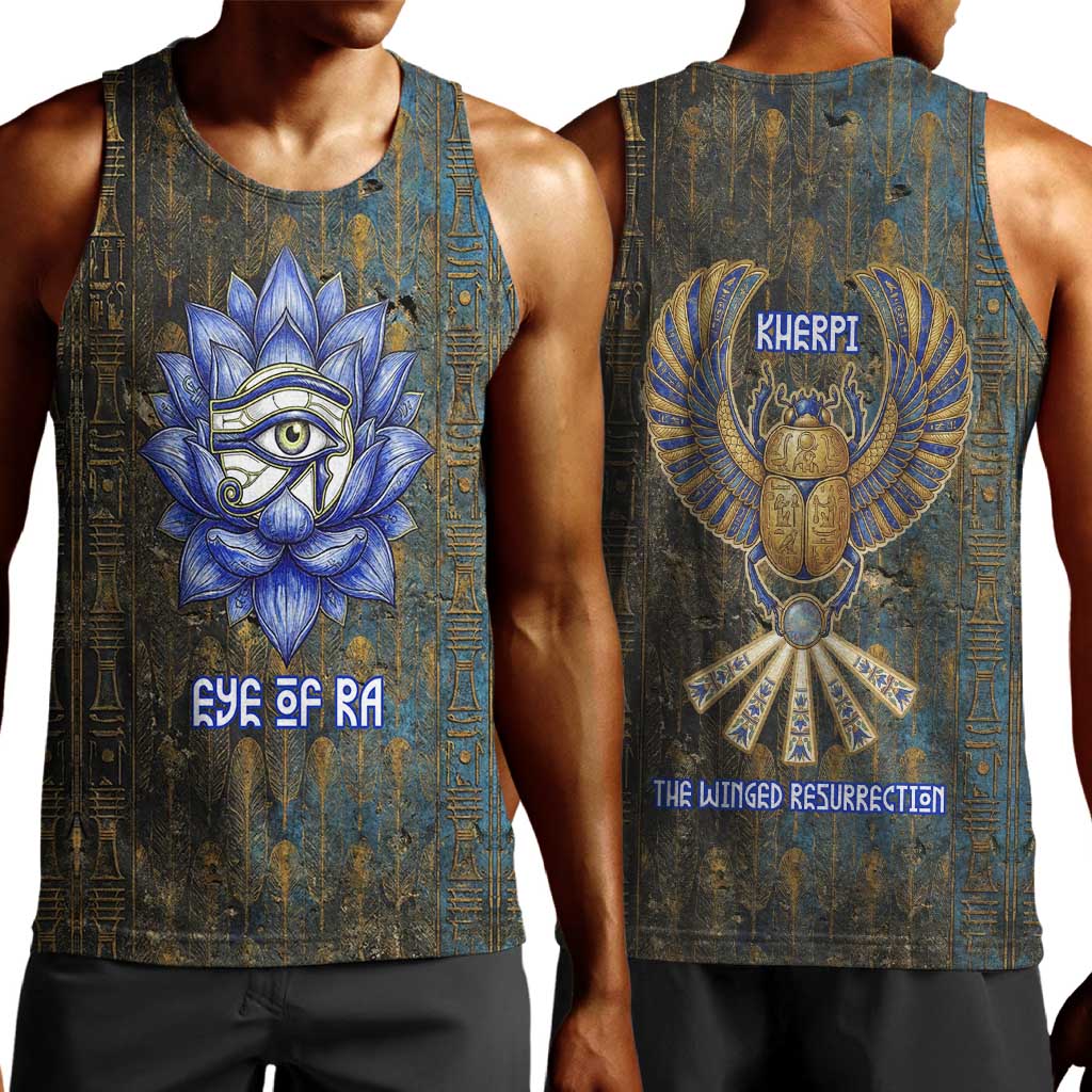 Khepri Ancient Egyptian Men Tank Top Dark Hieroglyphic, Blue Lotus Eye Symbol, and Winged Scarab Resurrection - African Pride