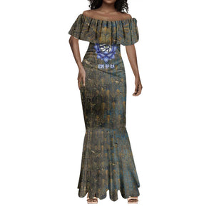 Khepri Ancient Egyptian Mermaid Dress Dark Hieroglyphic, Blue Lotus Eye Symbol, and Winged Scarab Resurrection - African Pride