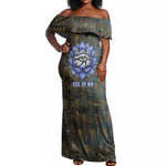Khepri Ancient Egyptian Off Shoulder Maxi Dress Dark Hieroglyphic, Blue Lotus Eye Symbol, and Winged Scarab Resurrection - African Pride