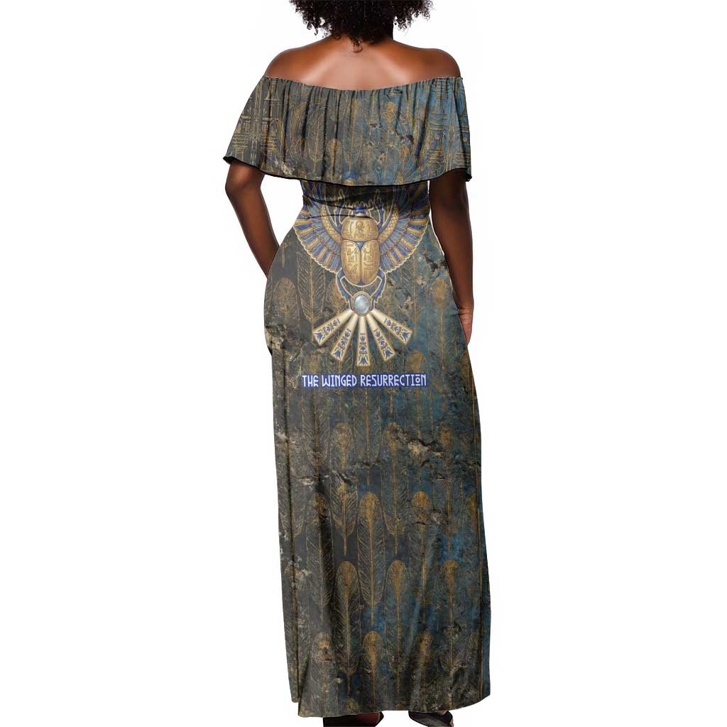Khepri Ancient Egyptian Off Shoulder Maxi Dress Dark Hieroglyphic, Blue Lotus Eye Symbol, and Winged Scarab Resurrection - African Pride