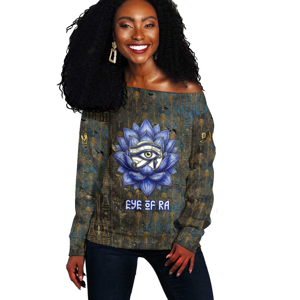 Khepri Ancient Egyptian Off Shoulder Sweater Dark Hieroglyphic, Blue Lotus Eye Symbol, and Winged Scarab Resurrection - African Pride