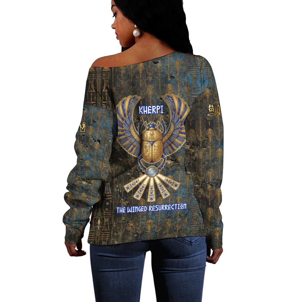 Khepri Ancient Egyptian Off Shoulder Sweater Dark Hieroglyphic, Blue Lotus Eye Symbol, and Winged Scarab Resurrection - African Pride