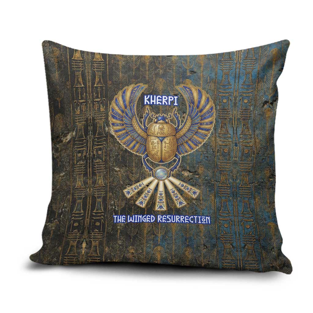 Khepri Ancient Egyptian Pillow Cover Dark Hieroglyphic, Blue Lotus Eye Symbol, and Winged Scarab Resurrection - African Pride