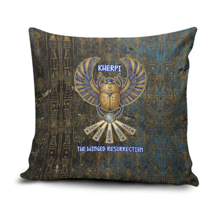 Khepri Ancient Egyptian Pillow Cover Dark Hieroglyphic, Blue Lotus Eye Symbol, and Winged Scarab Resurrection - African Pride