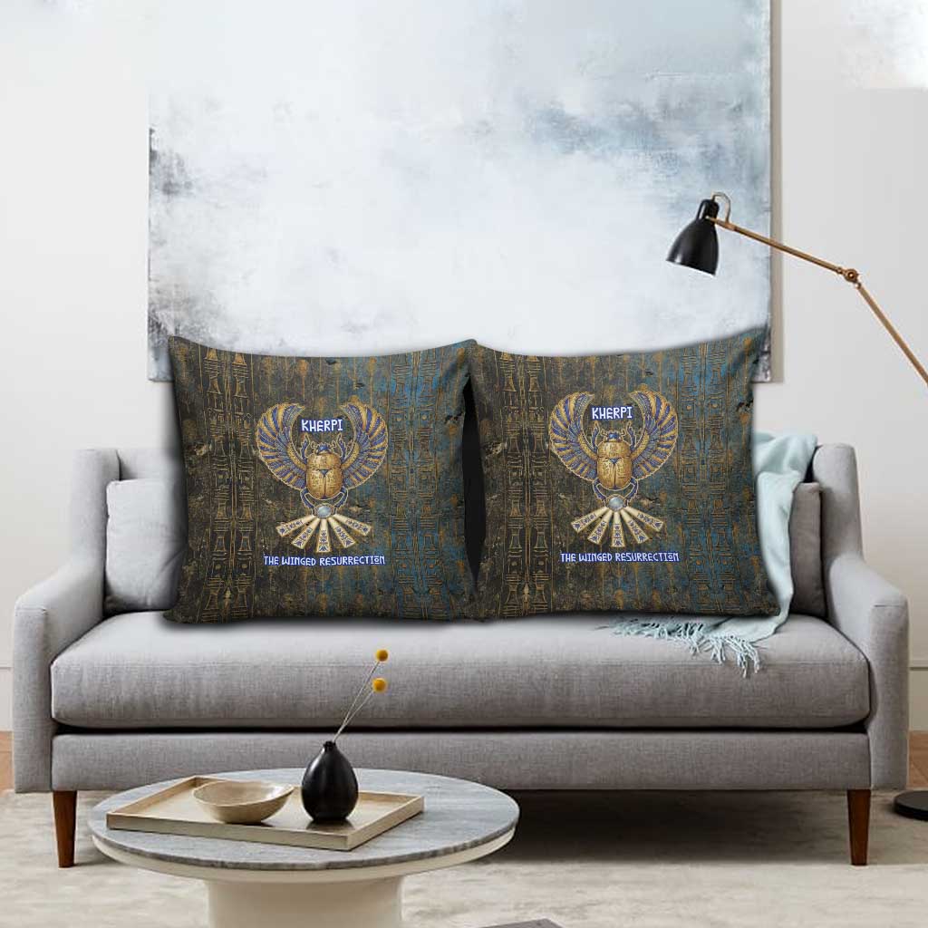 Khepri Ancient Egyptian Pillow Cover Dark Hieroglyphic, Blue Lotus Eye Symbol, and Winged Scarab Resurrection - African Pride
