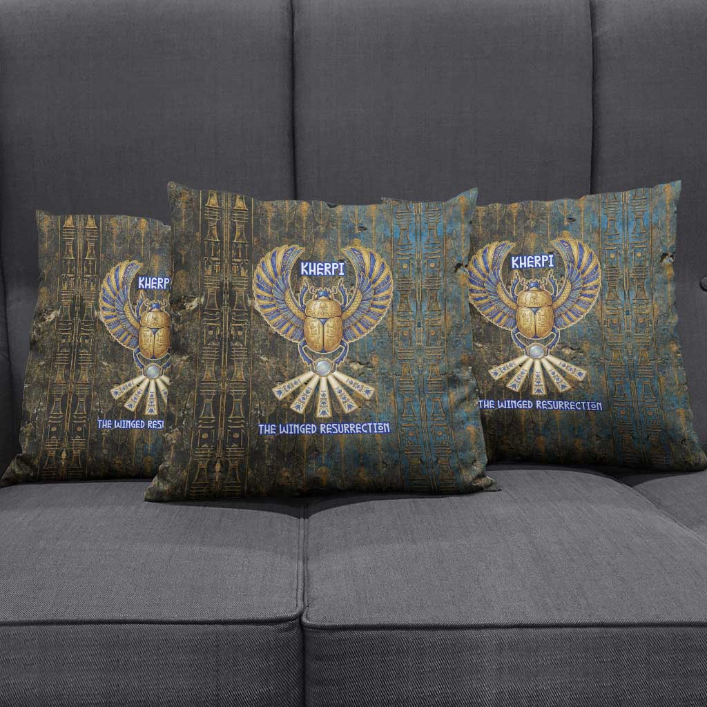 Khepri Ancient Egyptian Pillow Cover Dark Hieroglyphic, Blue Lotus Eye Symbol, and Winged Scarab Resurrection - African Pride
