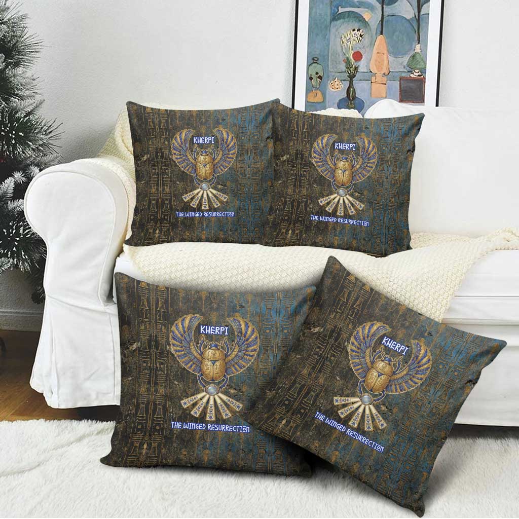 Khepri Ancient Egyptian Pillow Cover Dark Hieroglyphic, Blue Lotus Eye Symbol, and Winged Scarab Resurrection - African Pride