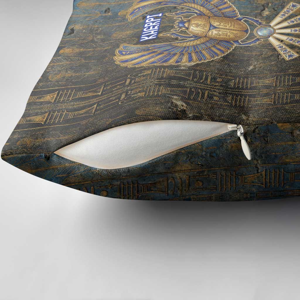 Khepri Ancient Egyptian Pillow Cover Dark Hieroglyphic, Blue Lotus Eye Symbol, and Winged Scarab Resurrection - African Pride