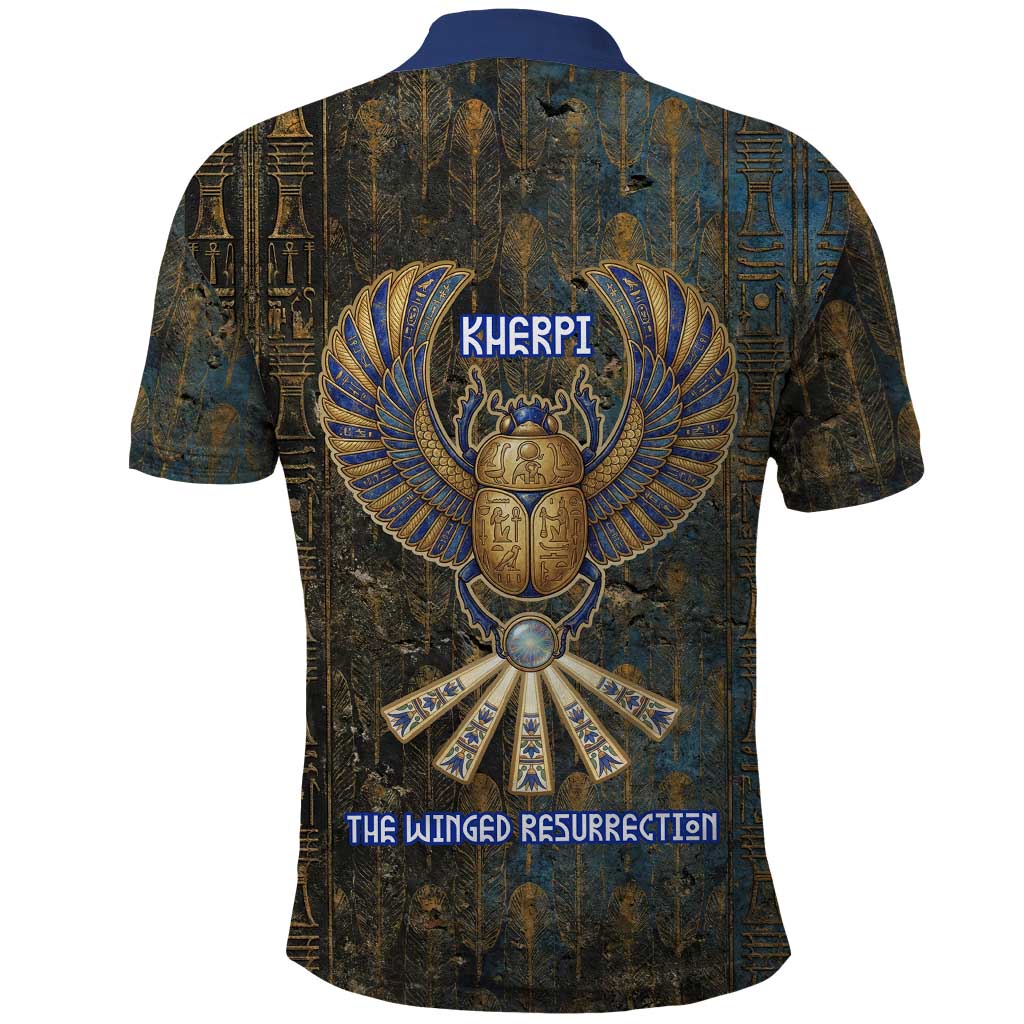 Khepri Ancient Egyptian Polo Shirt Dark Hieroglyphic, Blue Lotus Eye Symbol, and Winged Scarab Resurrection - African Pride