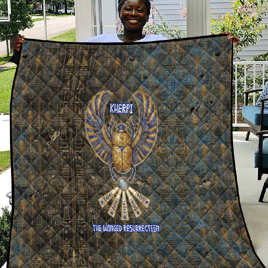 Khepri Ancient Egyptian Quilt Dark Hieroglyphic, Blue Lotus Eye Symbol, and Winged Scarab Resurrection - African Pride