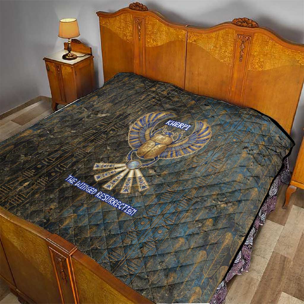 Khepri Ancient Egyptian Quilt Dark Hieroglyphic, Blue Lotus Eye Symbol, and Winged Scarab Resurrection - African Pride