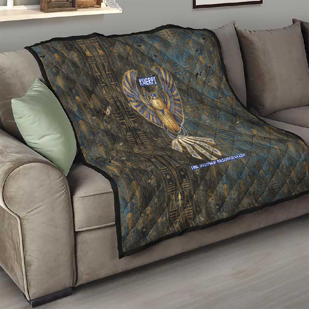 Khepri Ancient Egyptian Quilt Dark Hieroglyphic, Blue Lotus Eye Symbol, and Winged Scarab Resurrection - African Pride