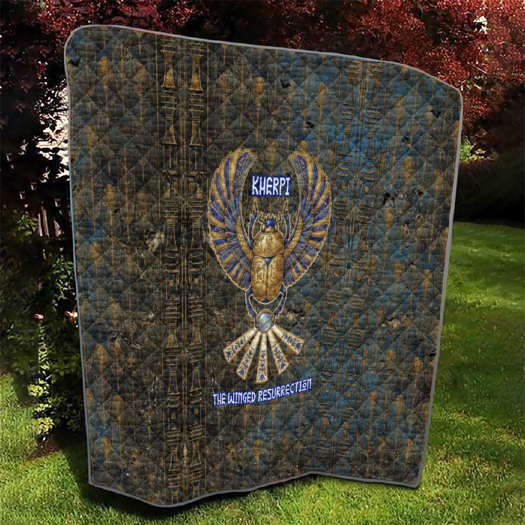 Khepri Ancient Egyptian Quilt Dark Hieroglyphic, Blue Lotus Eye Symbol, and Winged Scarab Resurrection - African Pride