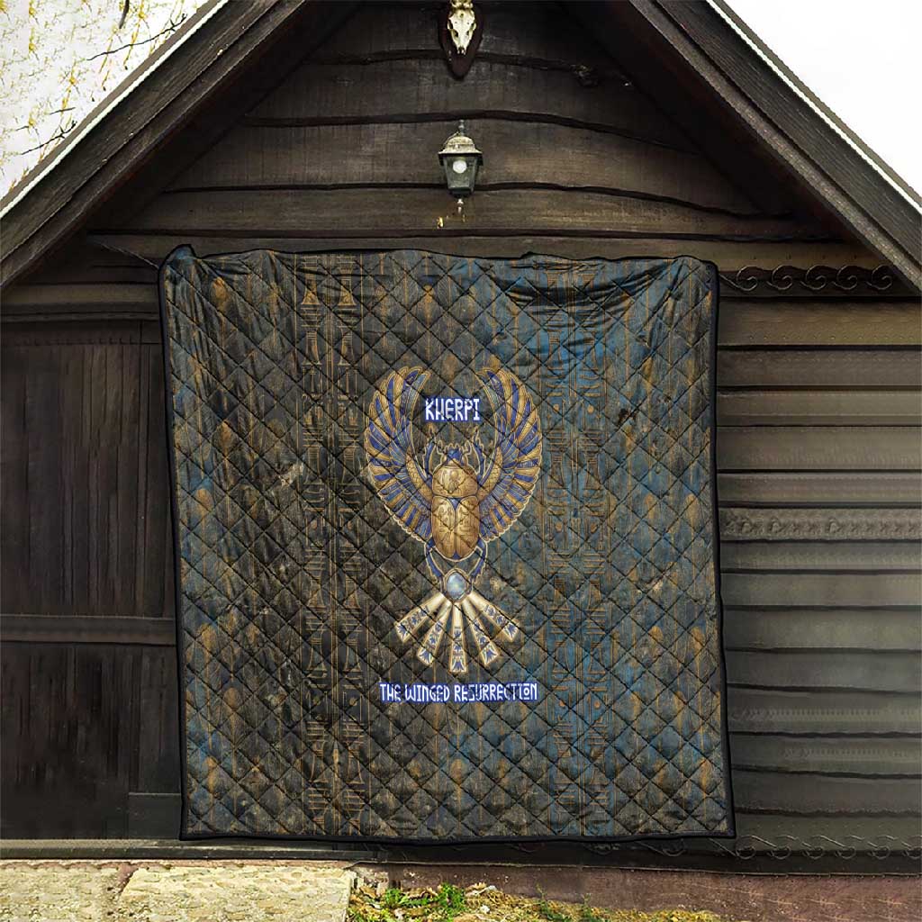 Khepri Ancient Egyptian Quilt Dark Hieroglyphic, Blue Lotus Eye Symbol, and Winged Scarab Resurrection - African Pride