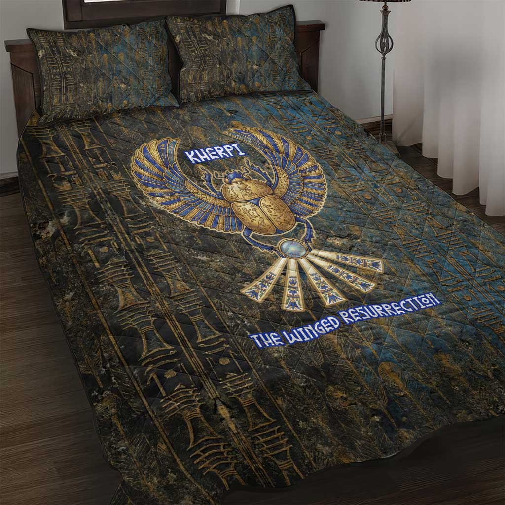 Khepri Ancient Egyptian Quilt Bed Set Dark Hieroglyphic, Blue Lotus Eye Symbol, and Winged Scarab Resurrection - African Pride