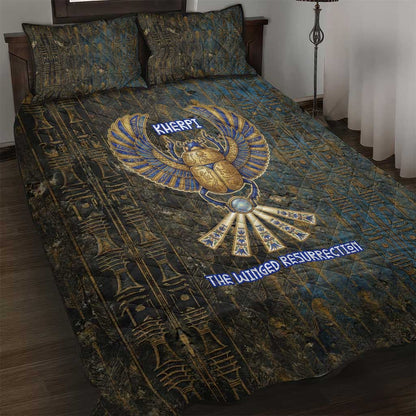 Khepri Ancient Egyptian Quilt Bed Set Dark Hieroglyphic, Blue Lotus Eye Symbol, and Winged Scarab Resurrection - African Pride