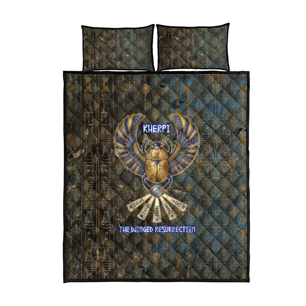 Khepri Ancient Egyptian Quilt Bed Set Dark Hieroglyphic, Blue Lotus Eye Symbol, and Winged Scarab Resurrection - African Pride