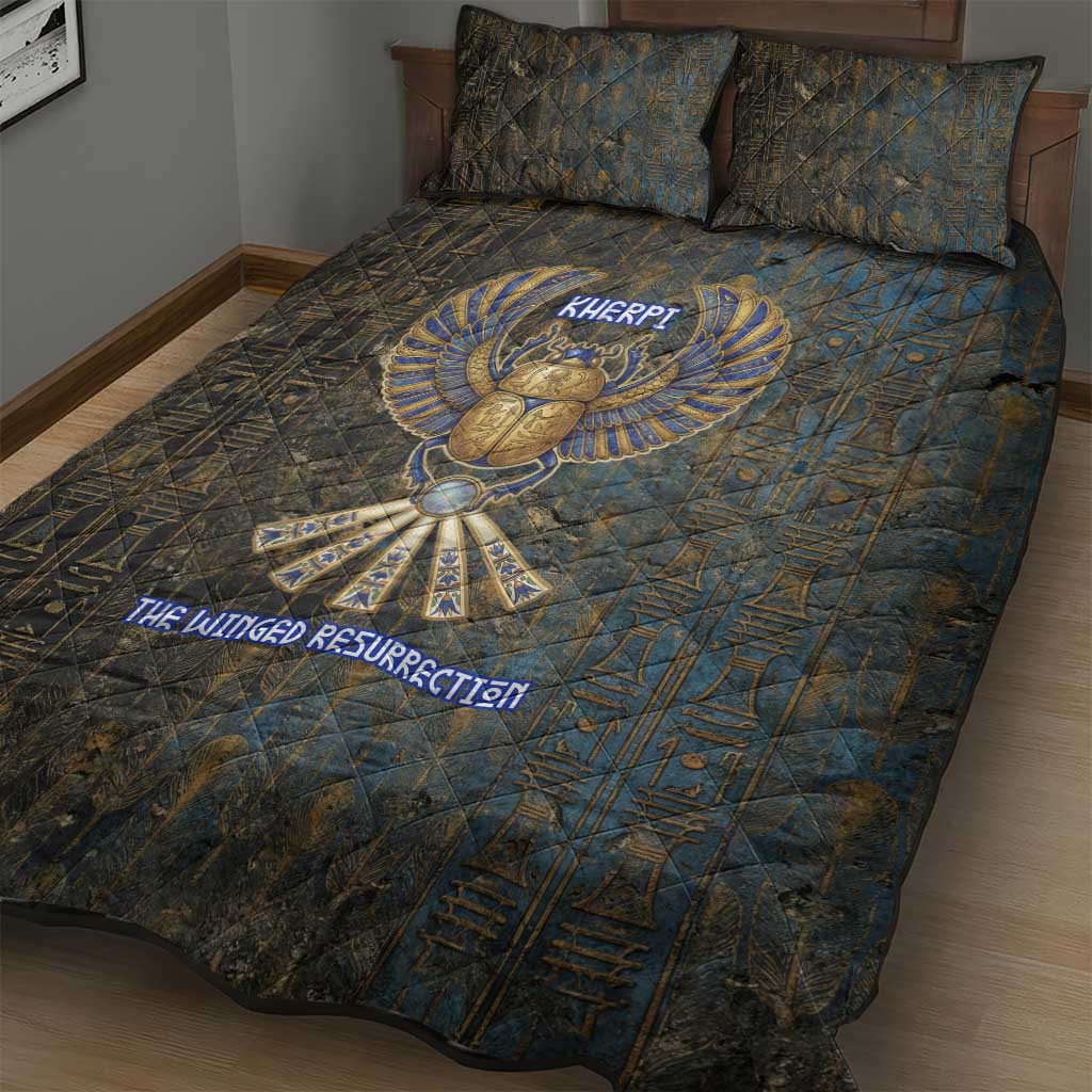 Khepri Ancient Egyptian Quilt Bed Set Dark Hieroglyphic, Blue Lotus Eye Symbol, and Winged Scarab Resurrection - African Pride