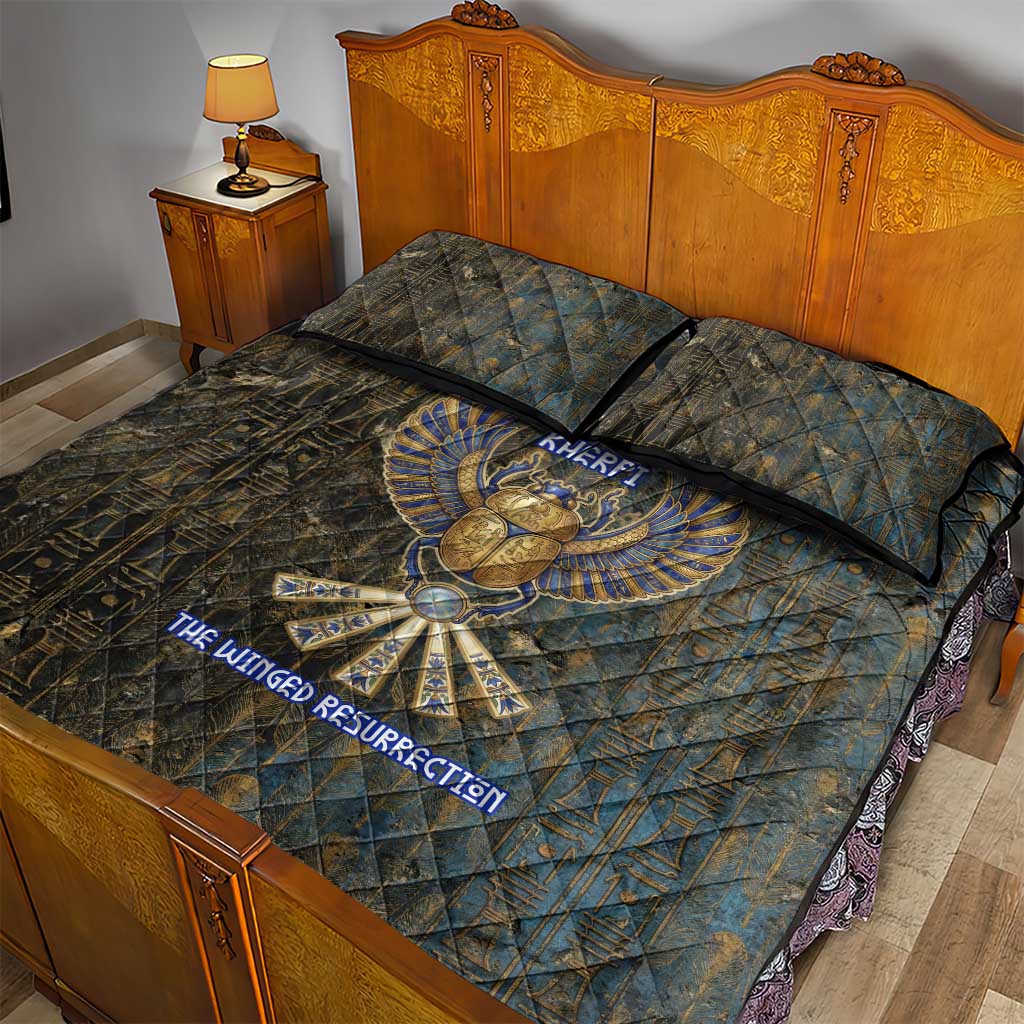 Khepri Ancient Egyptian Quilt Bed Set Dark Hieroglyphic, Blue Lotus Eye Symbol, and Winged Scarab Resurrection - African Pride