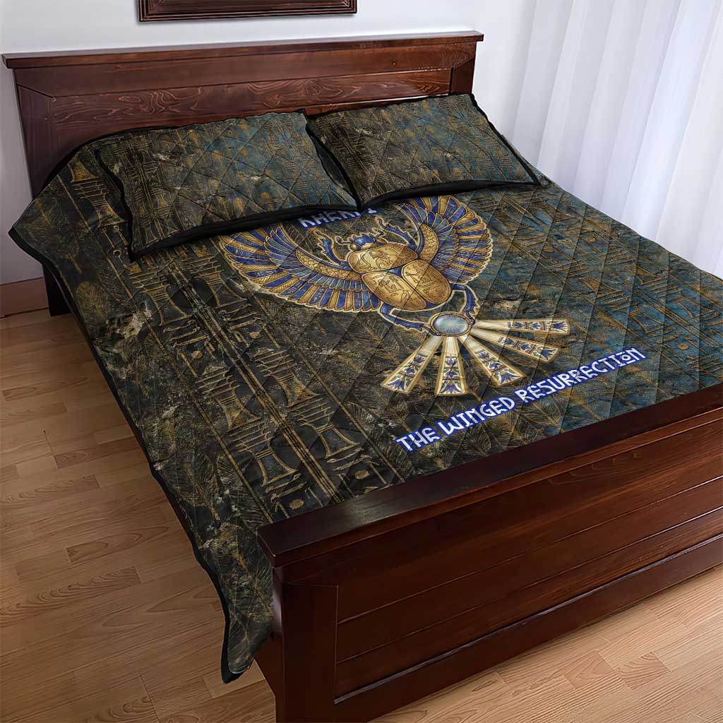 Khepri Ancient Egyptian Quilt Bed Set Dark Hieroglyphic, Blue Lotus Eye Symbol, and Winged Scarab Resurrection - African Pride