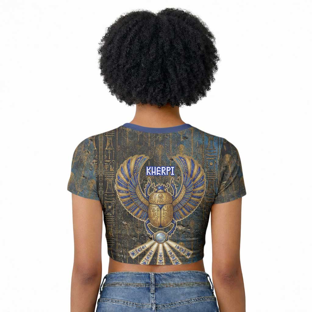 Khepri Ancient Egyptian Raglan Cropped T shirt Dark Hieroglyphic, Blue Lotus Eye Symbol, and Winged Scarab Resurrection - African Pride
