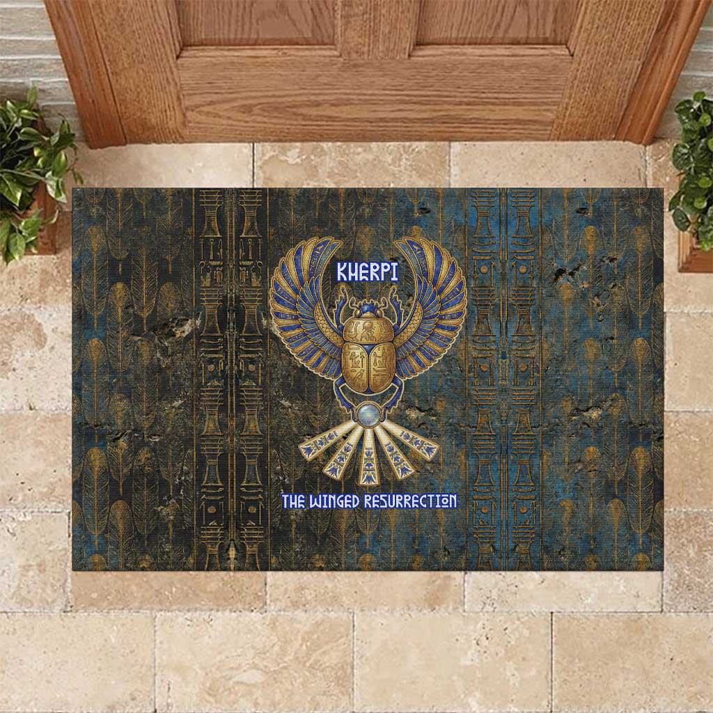 Khepri Ancient Egyptian Rubber Doormat Dark Hieroglyphic, Blue Lotus Eye Symbol, and Winged Scarab Resurrection - African Pride