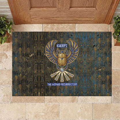 Khepri Ancient Egyptian Rubber Doormat Dark Hieroglyphic, Blue Lotus Eye Symbol, and Winged Scarab Resurrection - African Pride