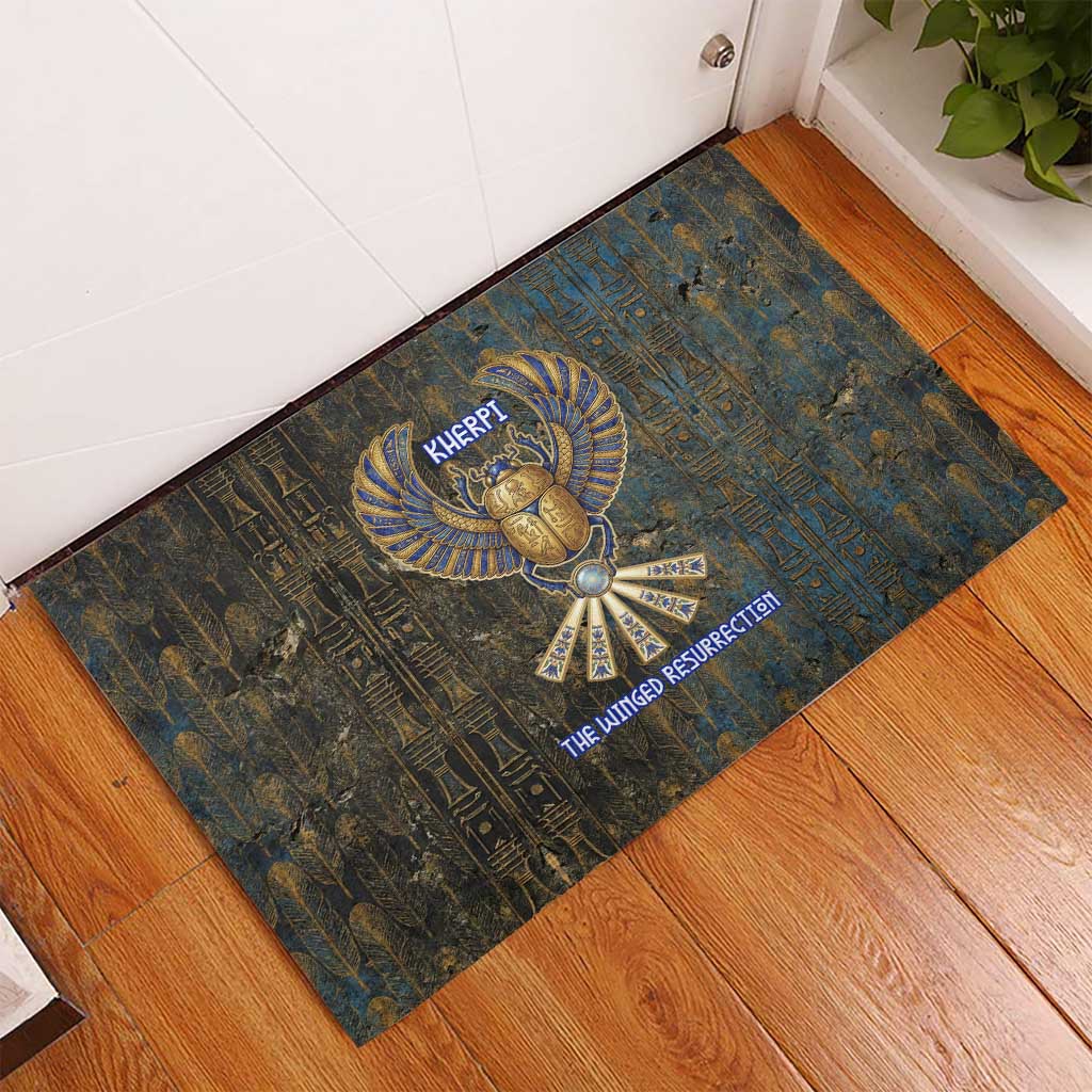 Khepri Ancient Egyptian Rubber Doormat Dark Hieroglyphic, Blue Lotus Eye Symbol, and Winged Scarab Resurrection - African Pride