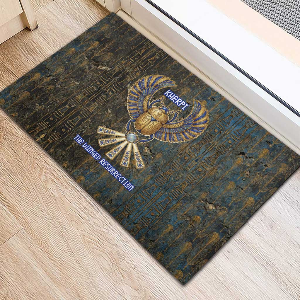 Khepri Ancient Egyptian Rubber Doormat Dark Hieroglyphic, Blue Lotus Eye Symbol, and Winged Scarab Resurrection - African Pride