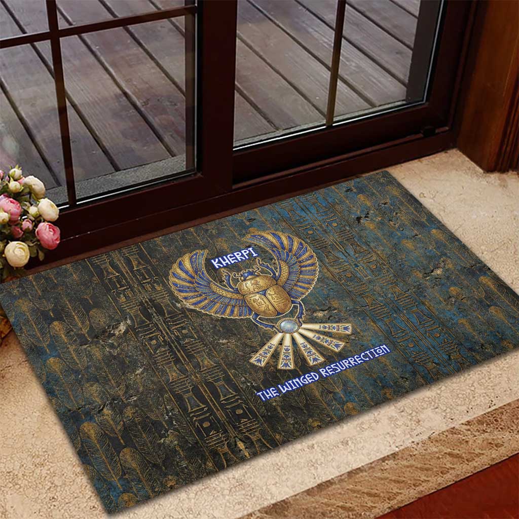 Khepri Ancient Egyptian Rubber Doormat Dark Hieroglyphic, Blue Lotus Eye Symbol, and Winged Scarab Resurrection - African Pride