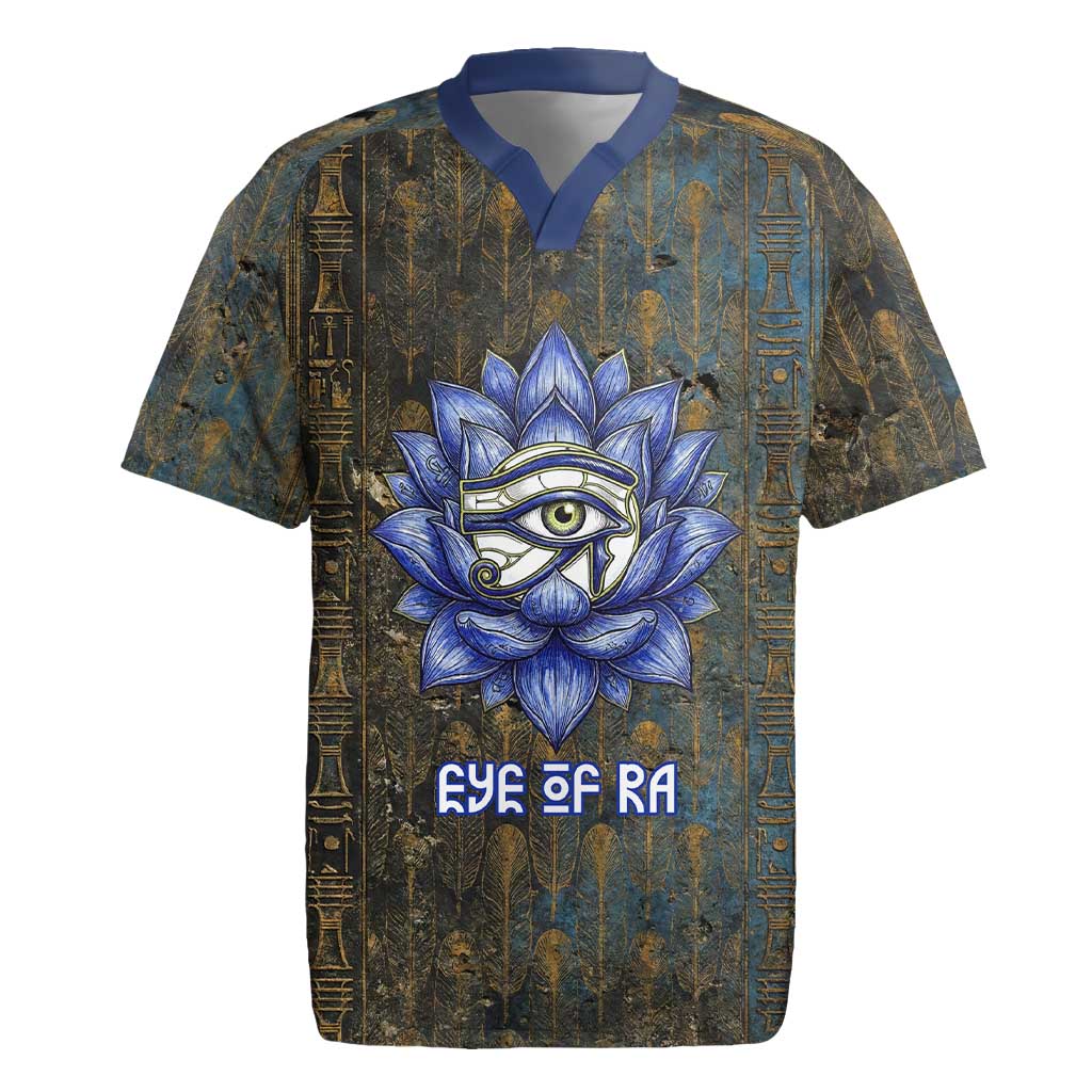 Khepri Ancient Egyptian Rugby Jersey Dark Hieroglyphic, Blue Lotus Eye Symbol, and Winged Scarab Resurrection - African Pride