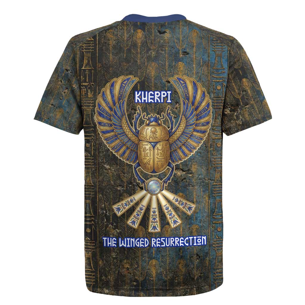 Khepri Ancient Egyptian Rugby Jersey Dark Hieroglyphic, Blue Lotus Eye Symbol, and Winged Scarab Resurrection - African Pride