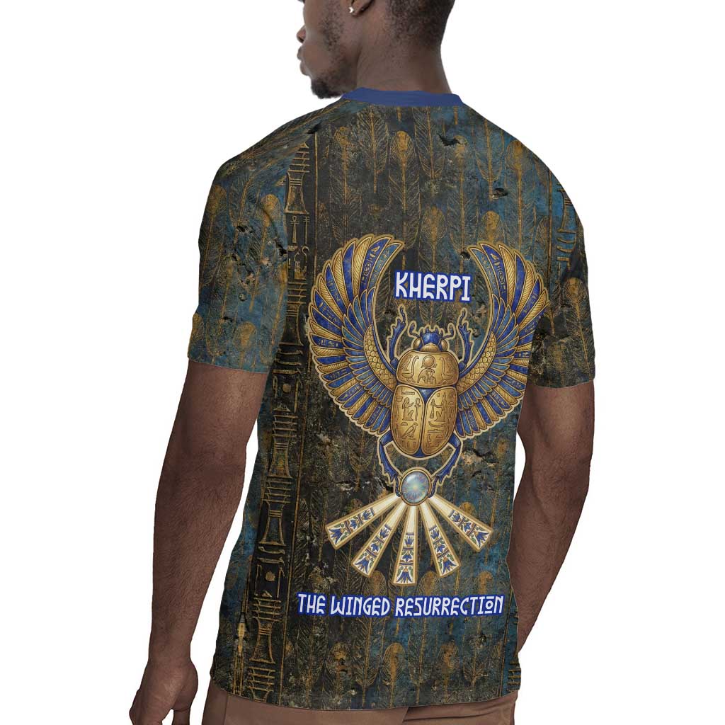 Khepri Ancient Egyptian Rugby Jersey Dark Hieroglyphic, Blue Lotus Eye Symbol, and Winged Scarab Resurrection - African Pride