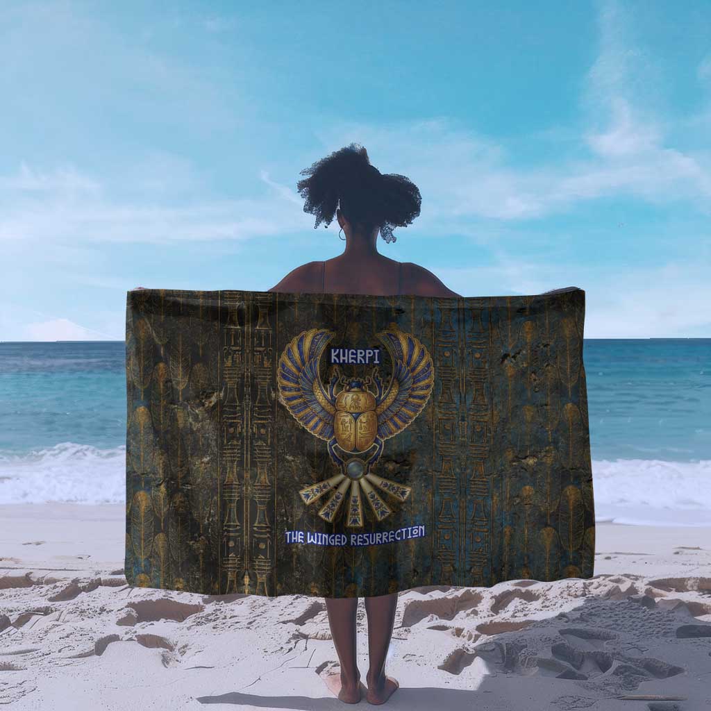 Khepri Ancient Egyptian Sarong Dark Hieroglyphic, Blue Lotus Eye Symbol, and Winged Scarab Resurrection - African Pride