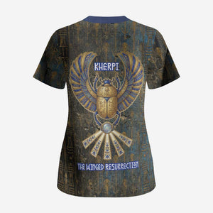 Khepri Ancient Egyptian Scrub Top Dark Hieroglyphic, Blue Lotus Eye Symbol, and Winged Scarab Resurrection - African Pride