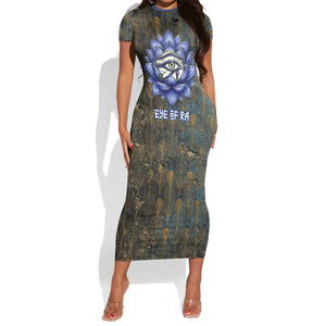 Khepri Ancient Egyptian Short Sleeve Bodycon Dress Dark Hieroglyphic, Blue Lotus Eye Symbol, and Winged Scarab Resurrection - African Pride