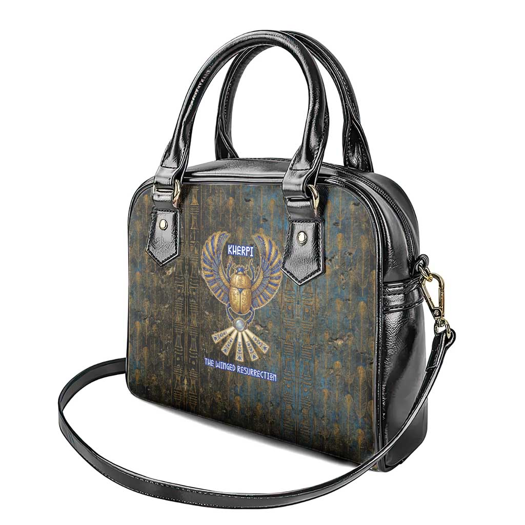 Khepri Ancient Egyptian Shoulder Handbag Dark Hieroglyphic, Blue Lotus Eye Symbol, and Winged Scarab Resurrection - African Pride