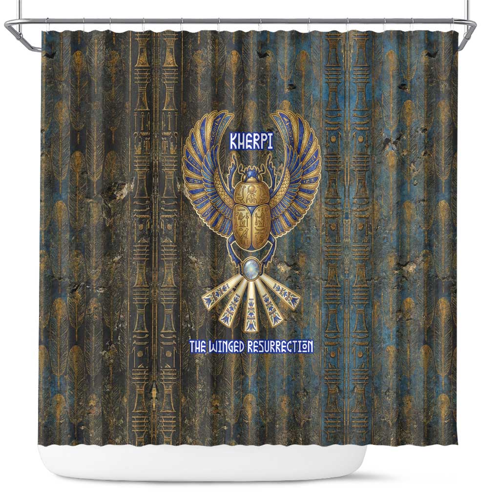Khepri Ancient Egyptian Shower Curtain Dark Hieroglyphic, Blue Lotus Eye Symbol, and Winged Scarab Resurrection - African Pride