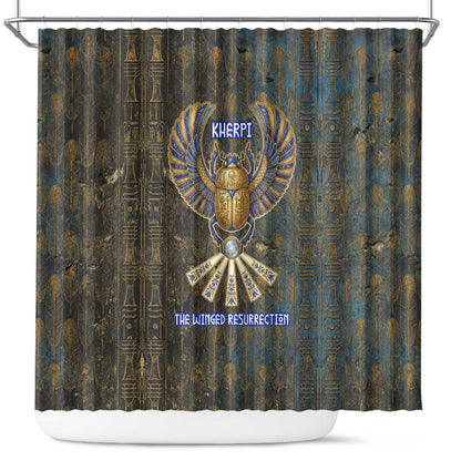 Khepri Ancient Egyptian Shower Curtain Dark Hieroglyphic, Blue Lotus Eye Symbol, and Winged Scarab Resurrection - African Pride