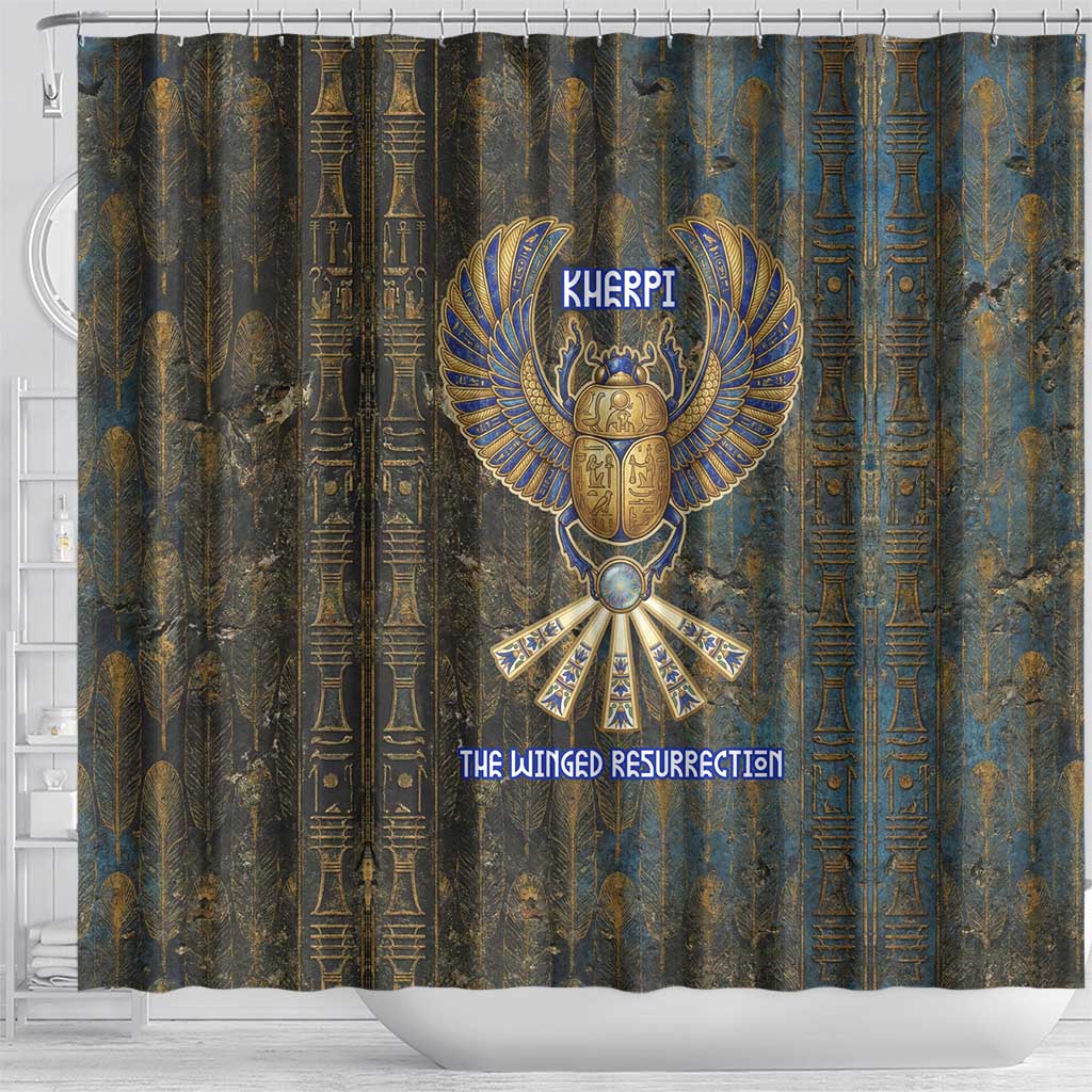 Khepri Ancient Egyptian Shower Curtain Dark Hieroglyphic, Blue Lotus Eye Symbol, and Winged Scarab Resurrection - African Pride