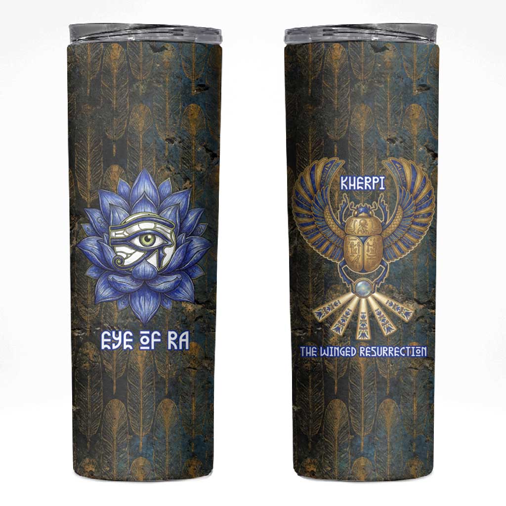 Khepri Ancient Egyptian Skinny Tumbler Dark Hieroglyphic, Blue Lotus Eye Symbol, and Winged Scarab Resurrection - African Pride