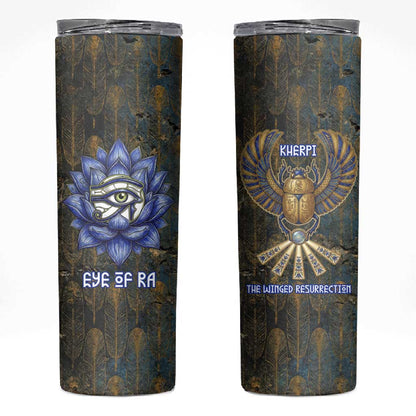Khepri Ancient Egyptian Skinny Tumbler Dark Hieroglyphic, Blue Lotus Eye Symbol, and Winged Scarab Resurrection - African Pride