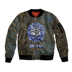Khepri Ancient Egyptian Sleeve Zip Bomber Jacket Dark Hieroglyphic, Blue Lotus Eye Symbol, and Winged Scarab Resurrection - African Pride