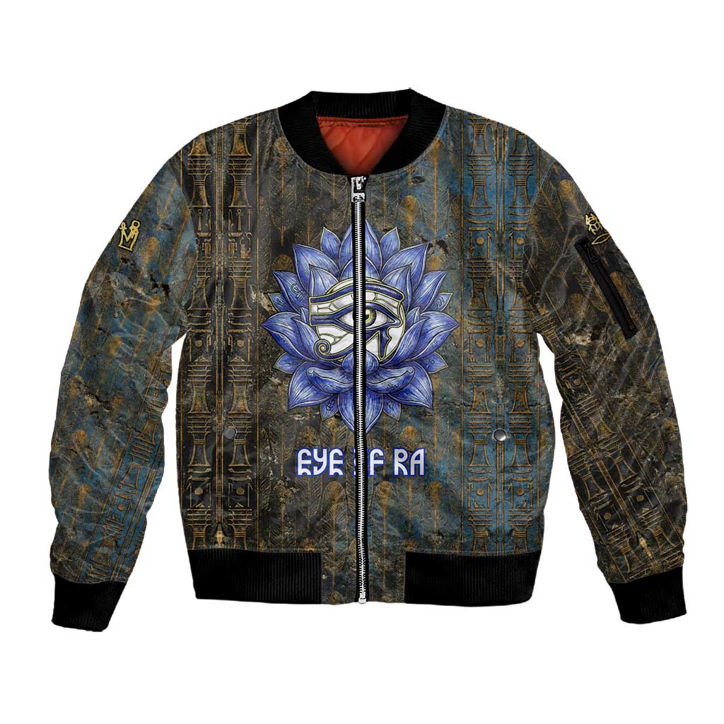Khepri Ancient Egyptian Sleeve Zip Bomber Jacket Dark Hieroglyphic, Blue Lotus Eye Symbol, and Winged Scarab Resurrection - African Pride