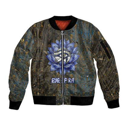 Khepri Ancient Egyptian Sleeve Zip Bomber Jacket Dark Hieroglyphic, Blue Lotus Eye Symbol, and Winged Scarab Resurrection - African Pride