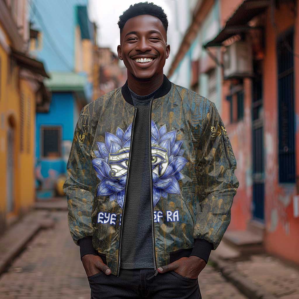 Khepri Ancient Egyptian Sleeve Zip Bomber Jacket Dark Hieroglyphic, Blue Lotus Eye Symbol, and Winged Scarab Resurrection - African Pride