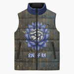 Khepri Ancient Egyptian Sleeveless Puffer Jacket Dark Hieroglyphic, Blue Lotus Eye Symbol, and Winged Scarab Resurrection - African Pride