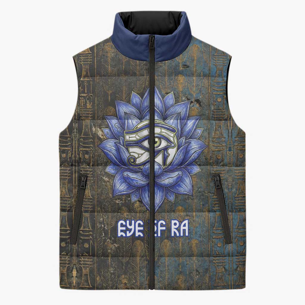 Khepri Ancient Egyptian Sleeveless Puffer Jacket Dark Hieroglyphic, Blue Lotus Eye Symbol, and Winged Scarab Resurrection - African Pride