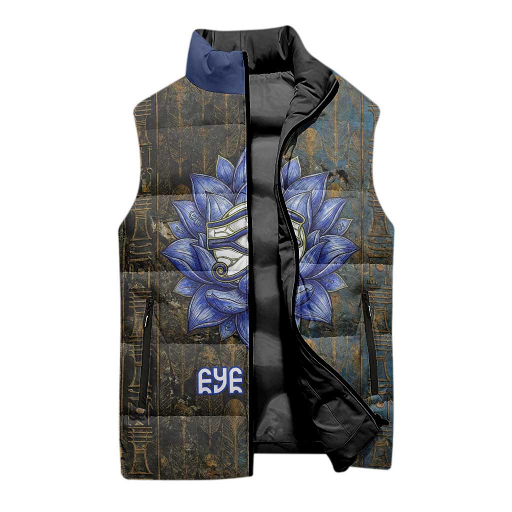 Khepri Ancient Egyptian Sleeveless Puffer Jacket Dark Hieroglyphic, Blue Lotus Eye Symbol, and Winged Scarab Resurrection - African Pride